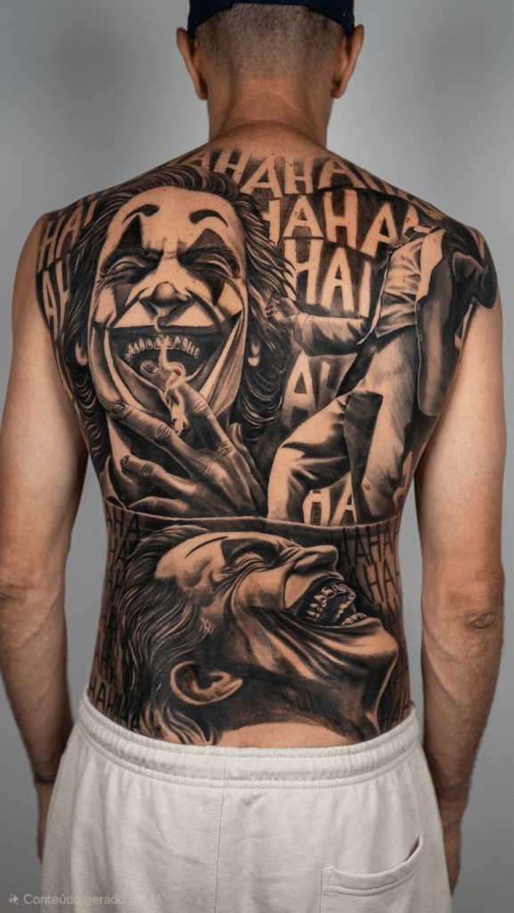 Tatuagem realista de fechamento de costas do Coringa em preto e cinza sombreada, realizada pelo tatuador do Bebeto Tattoo Studio em São Paulo